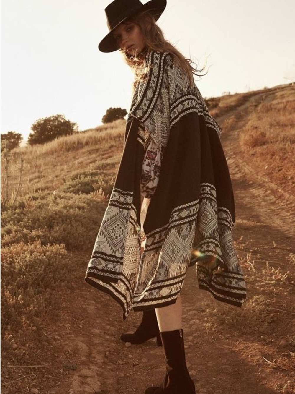 Free People Black and Cream Knit Poncho